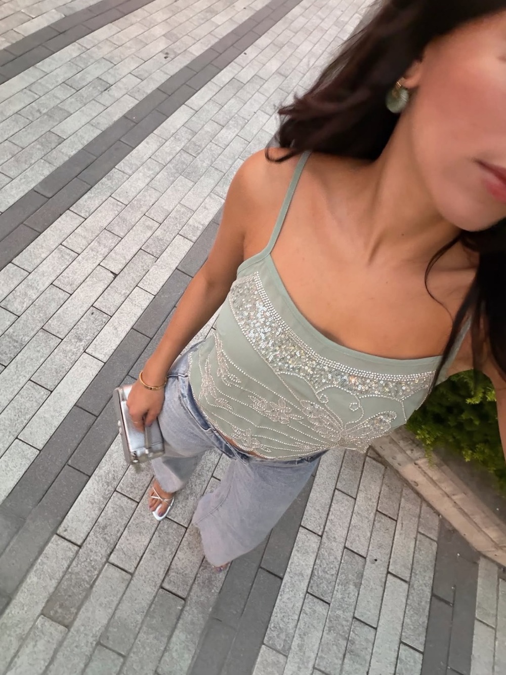 Embellished Sage Green Spaghetti Strap Tank Top